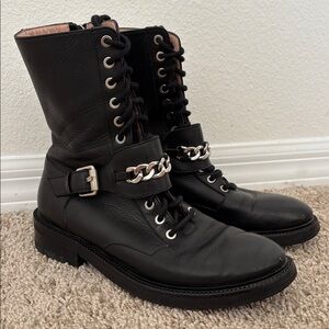 Ash Black Leather Combat Boots with Chain Detail